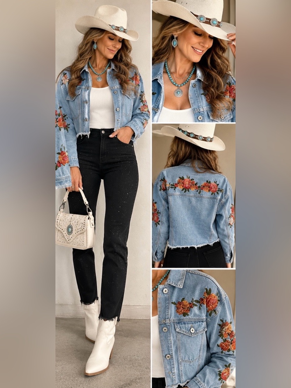 Umgee Embroidered Floral Cropped Denim Jacket Size Large Western Boho